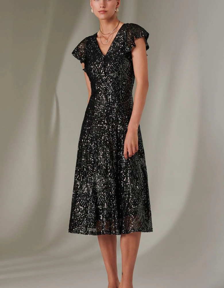 Sequin V Neck FIt & Flare Midaxi Dress