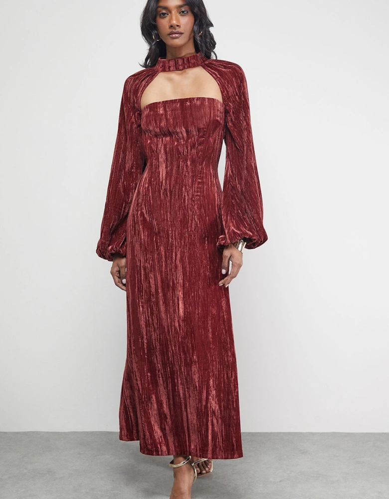 Crinkle Velvet Cutout Blouson Sleeve Midi Dress