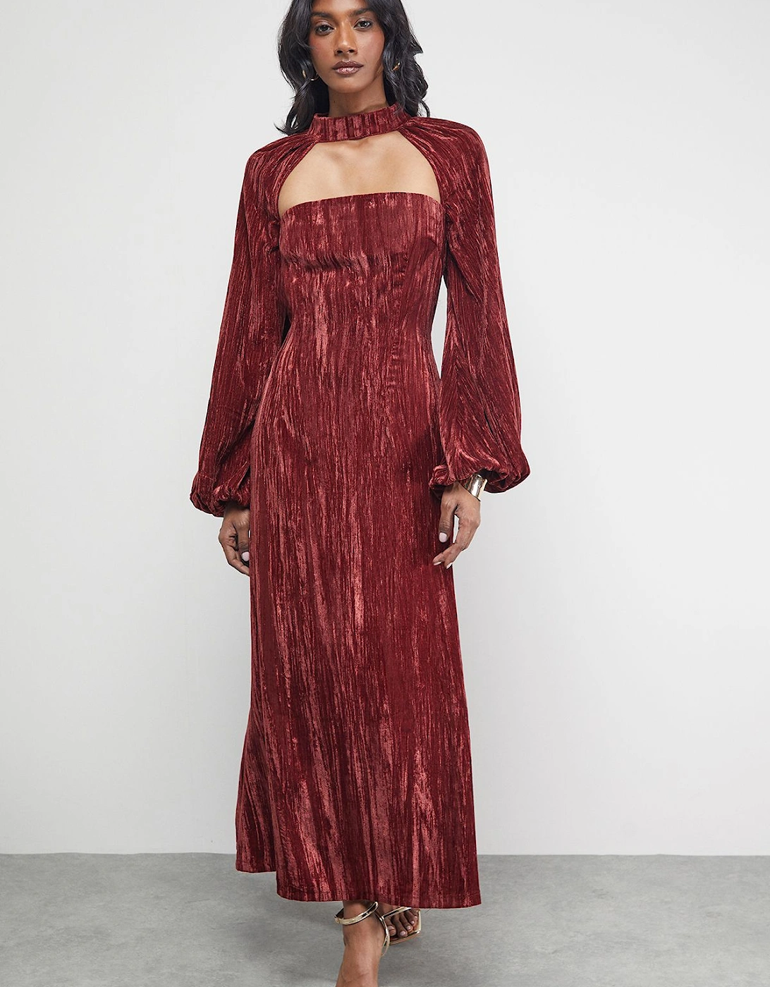 Crinkle Velvet Cutout Blouson Sleeve Midi Dress, 2 of 1