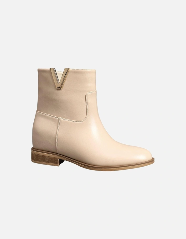 Almond Toe V-shaped Gold Ornament Zip Closure Fur Lining Interior Flat Ankle Boots