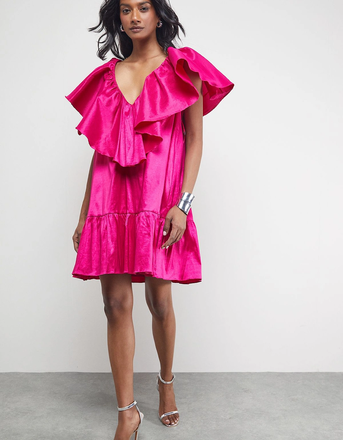 Taffeta Frill V Neck Smock Mini Dress, 2 of 1