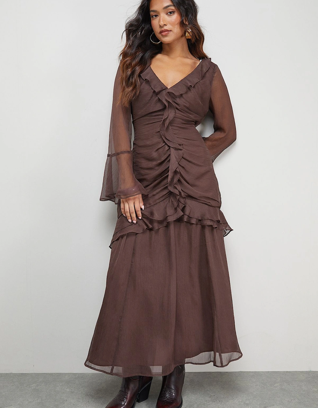 Petite Chiffon Ruffle Gathered Bodice Midi Dress, 2 of 1