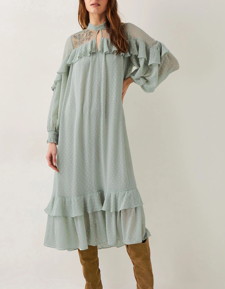 Debbie Polka Dot Ruffle Maxi Dress Green