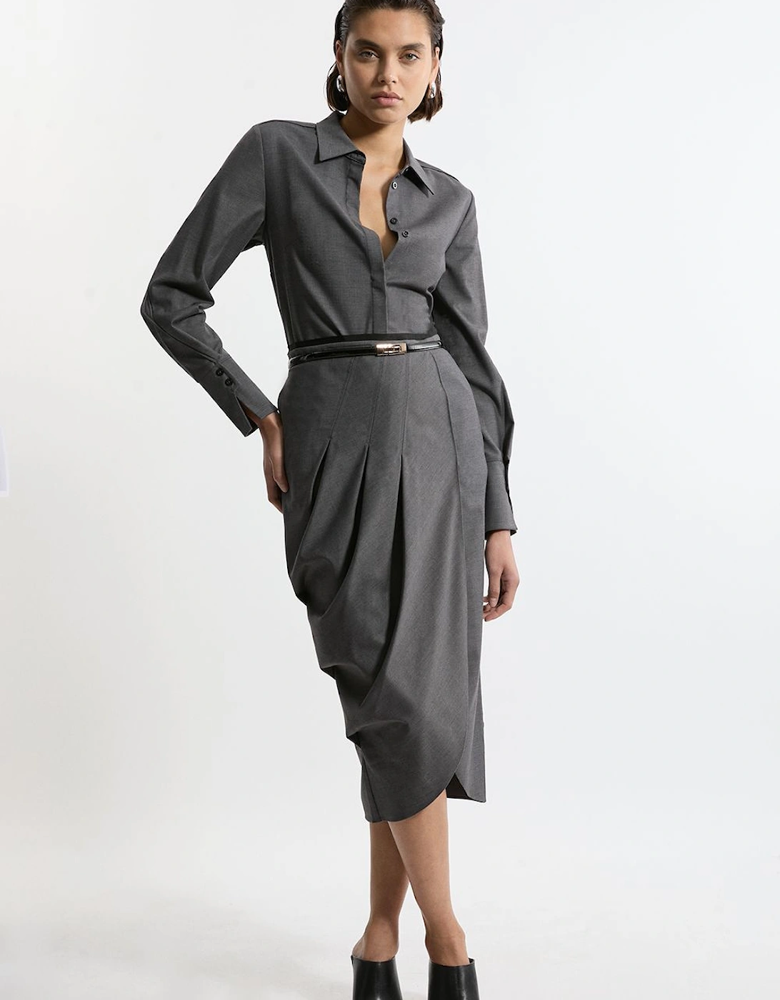Wool Blend Pleated Detail Tailored Midi Skirt, 2 of 1