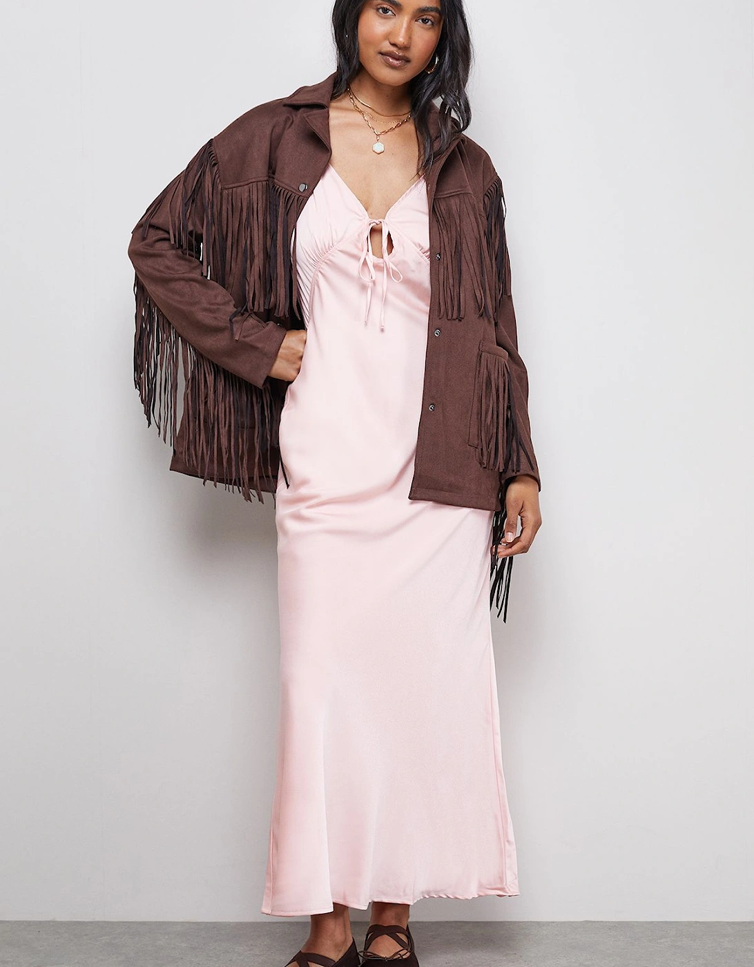 Satin Strappy Tie Front Maxi Slip Dress, 2 of 1