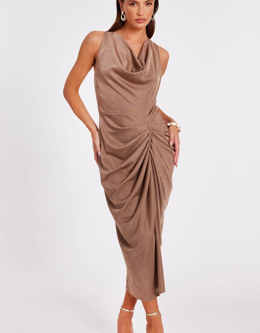 Stone Cowl Neck Ruched Midi Dress, 2 of 1