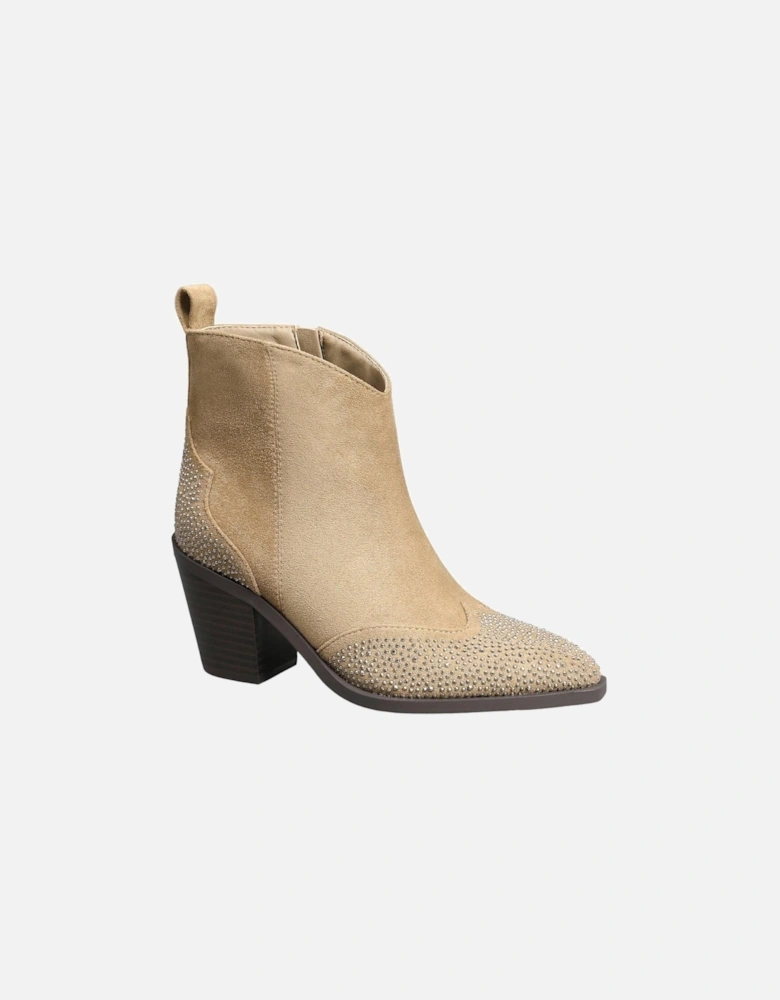 Cowboy Suede with Sparkling Diamonds Block Heel Zip Closure Ankle Boots
