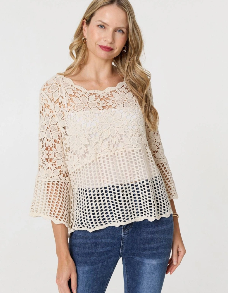 Semi Sheer Crochet 3/4 Sleeve Crop Top
