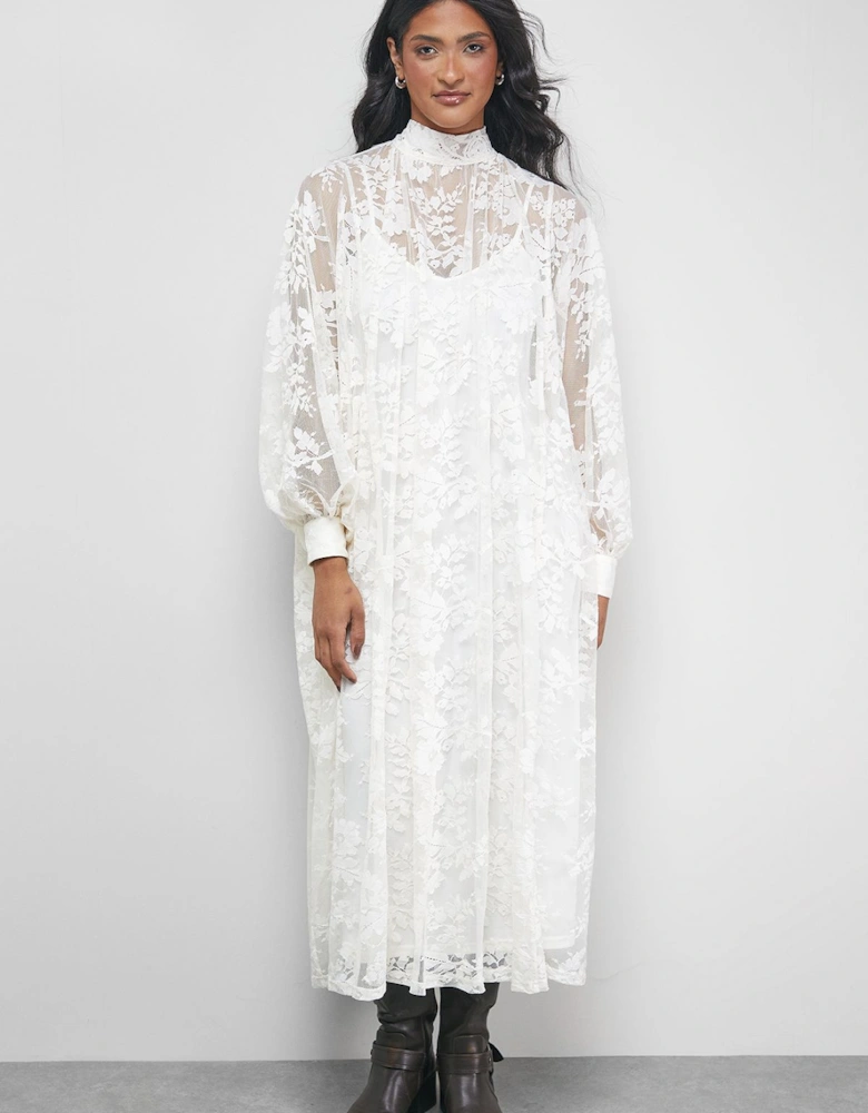Lace High Neck Smock Midi Dress
