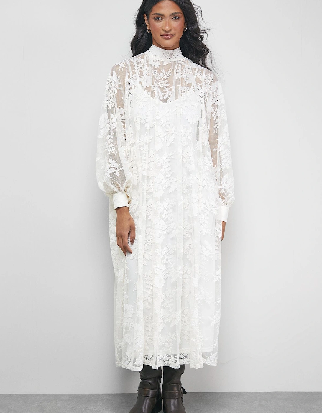 Lace High Neck Smock Midi Dress, 2 of 1