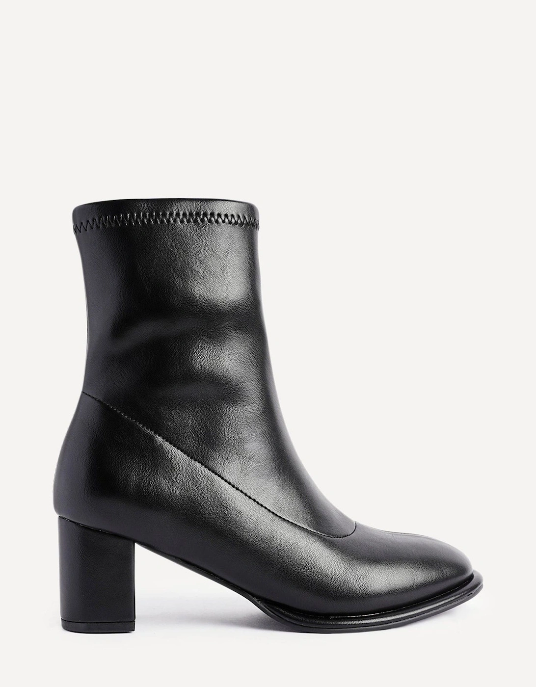 Rita Black Faux Leather Round Toe Block Heel Sock Boot, 2 of 1