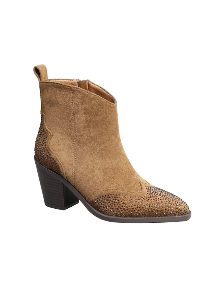 Cowboy Suede with Sparkling Diamonds Block Heel Zip Closure Ankle Boots