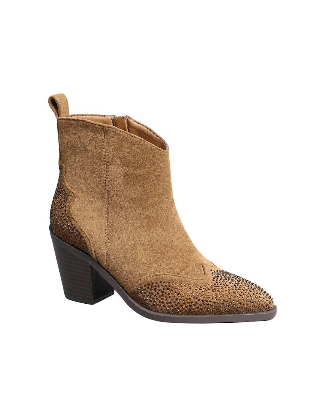 Cowboy Suede with Sparkling Diamonds Block Heel Zip Closure Ankle Boots, 2 of 1