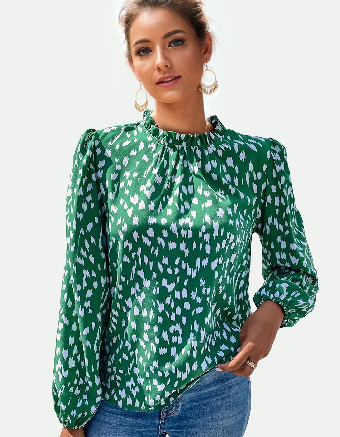 Animal Print Frill Detail High Neck Top In Green, 2 of 1