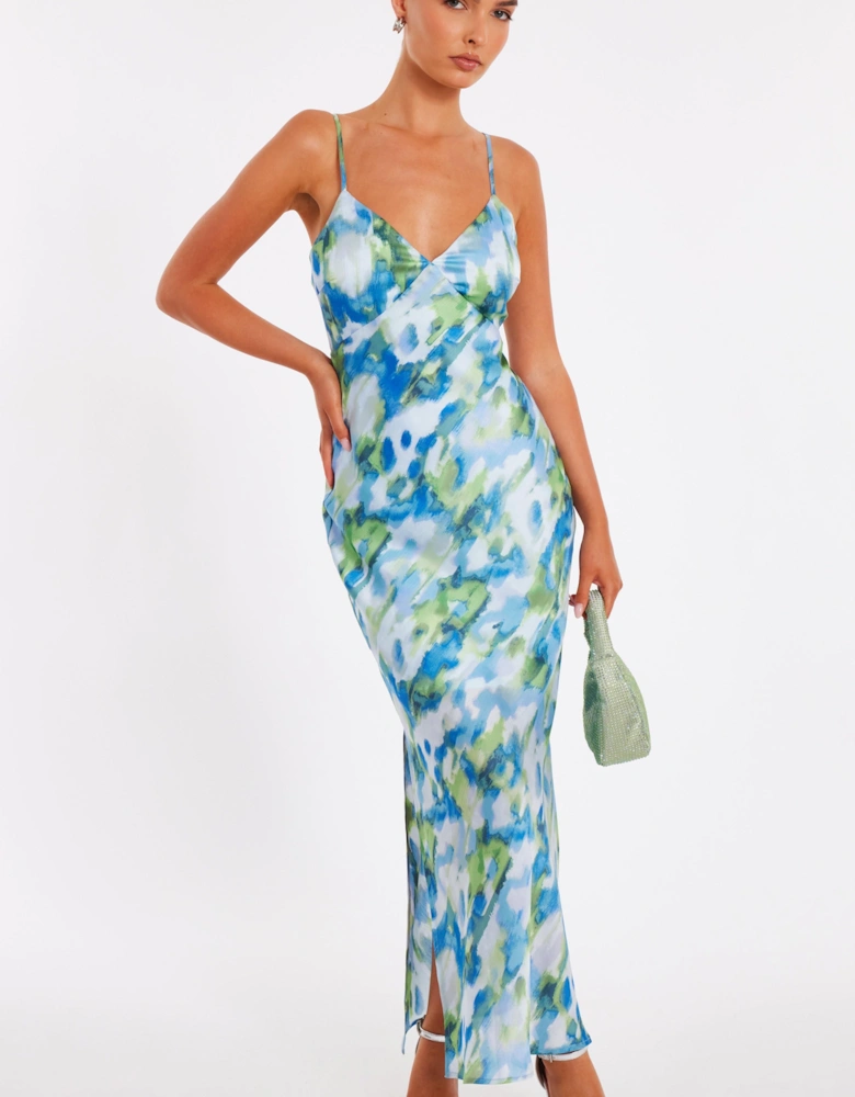 Blue Satin Tie Back Midaxi Dress