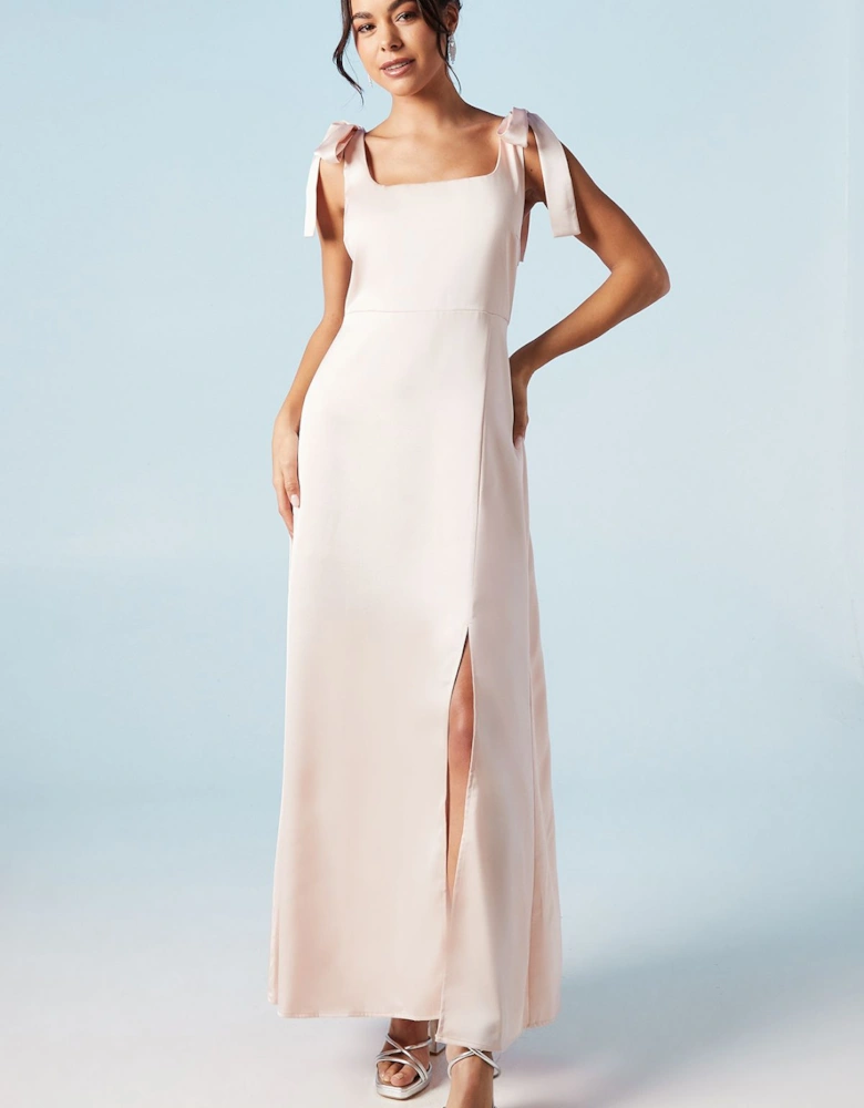 Petite Satin Tie Shoulder Midi Bridesmaid Dress