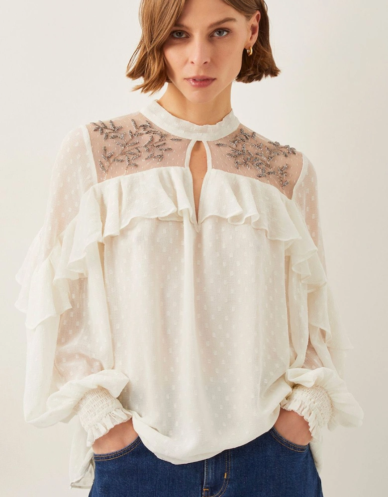 Debbie Embellished Polka Dot Ruffle Blouse Ivory