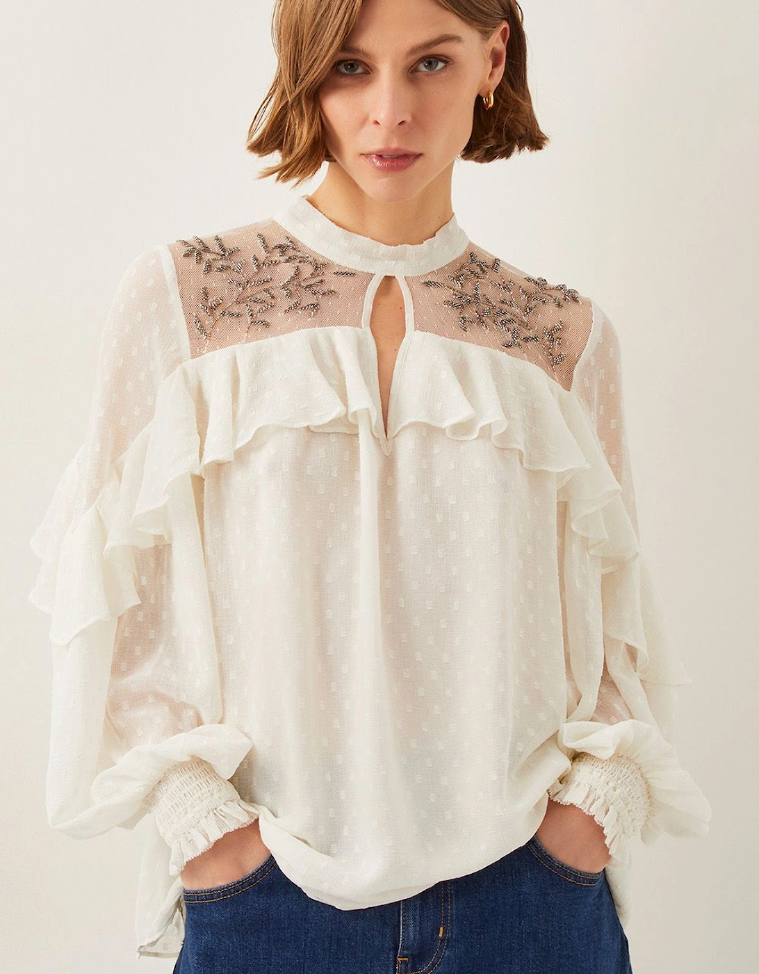 Debbie Embellished Polka Dot Ruffle Blouse Ivory, 2 of 1