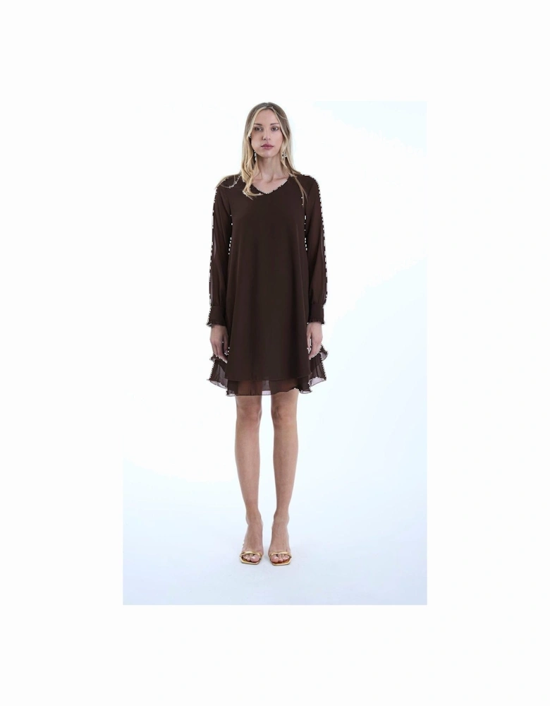 Long Sleeve Brown Wave Hem Dress