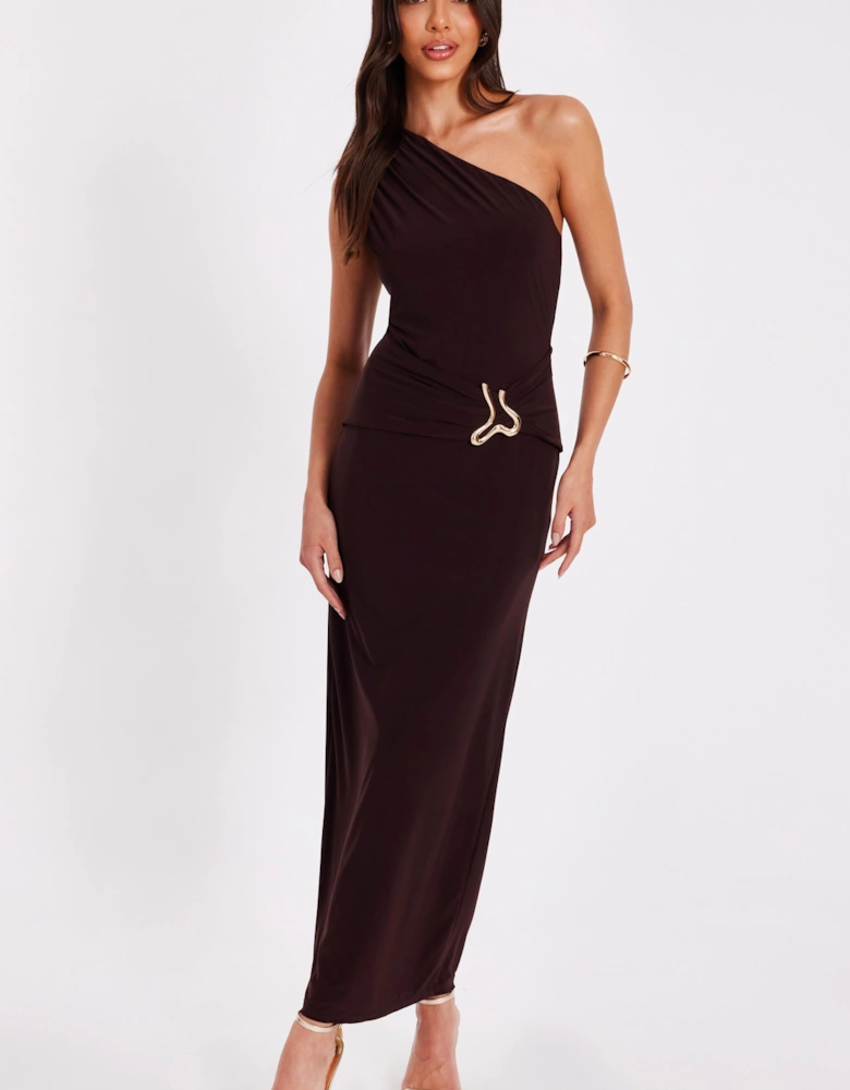 Brown One Shoulder Ruched Dress