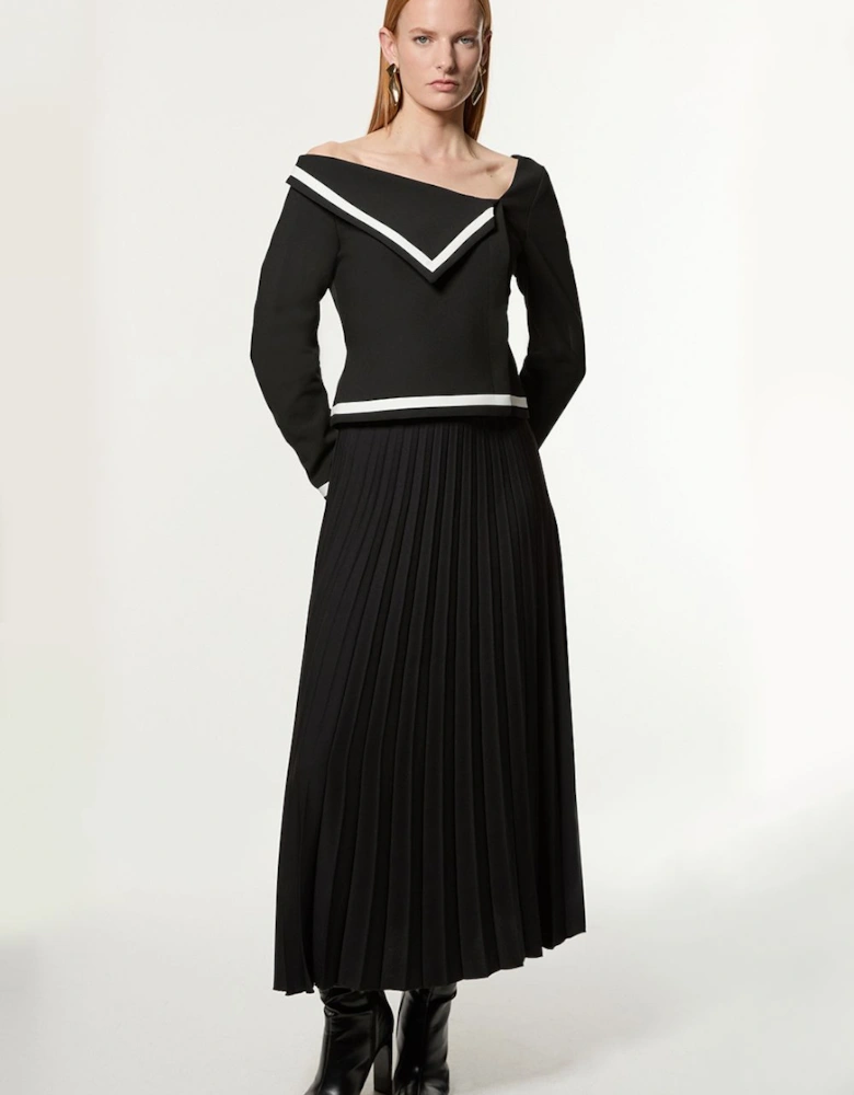 Petite Compact Stretch Asymmetric Neck Colour Block Pleated Tailored Midaxi Dress