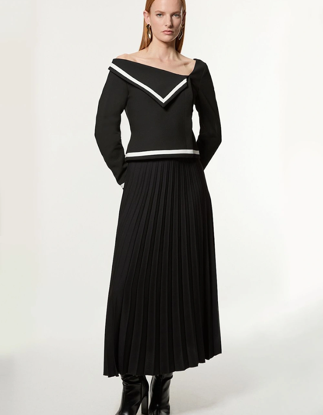Petite Compact Stretch Asymmetric Neck Colour Block Pleated Tailored Midaxi Dress, 2 of 1