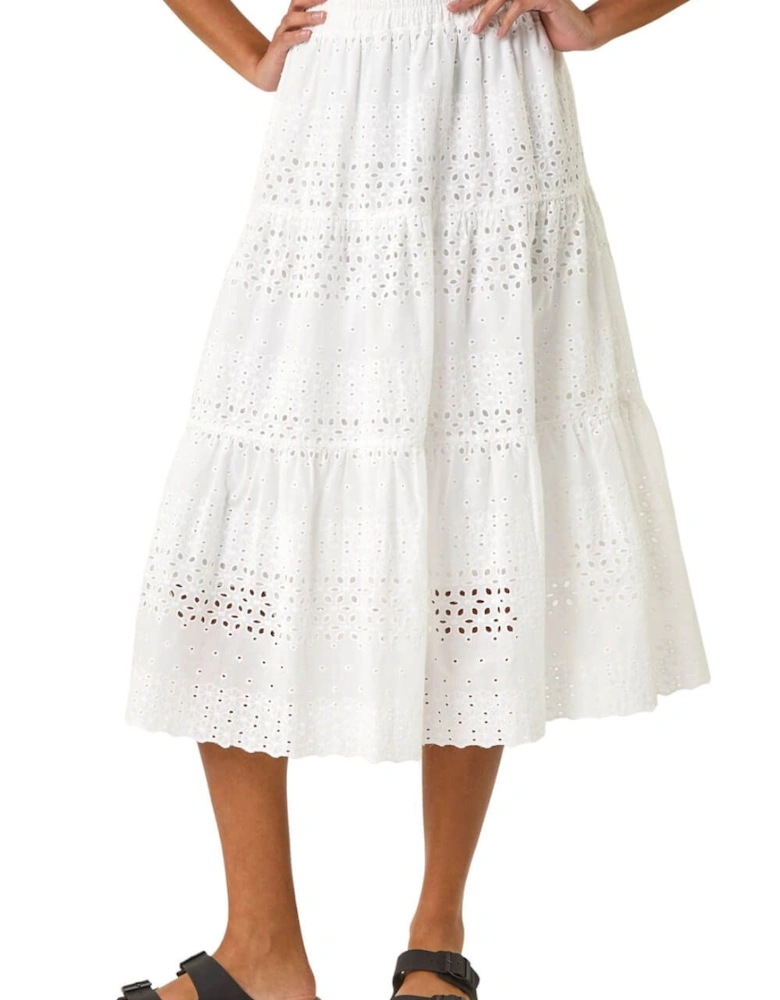 Broderie Cotton A-Line Midi Skirt