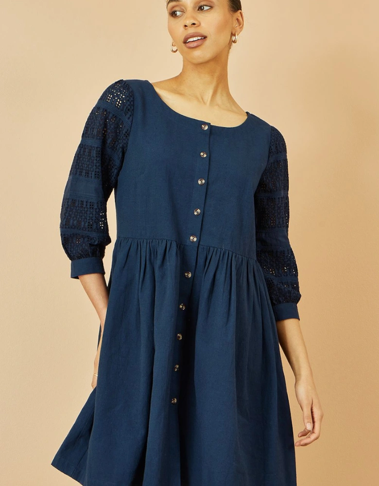 Navy Cotton Tunic With Broderie Anglaise Puff Sleeves