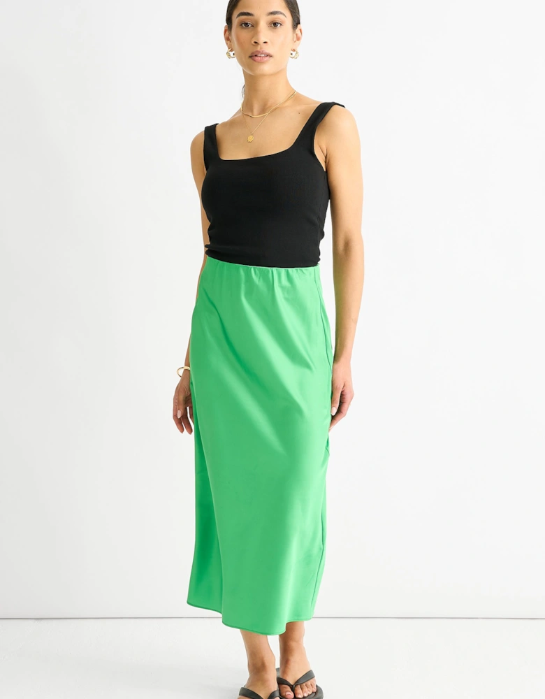 Green Satin High Waist Midi Skirt
