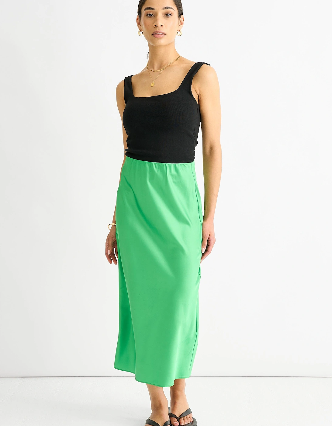 Green Satin High Waist Midi Skirt, 2 of 1