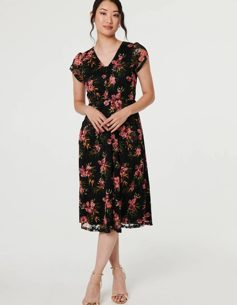 Floral Cap Sleeve Shirred Midi Dress