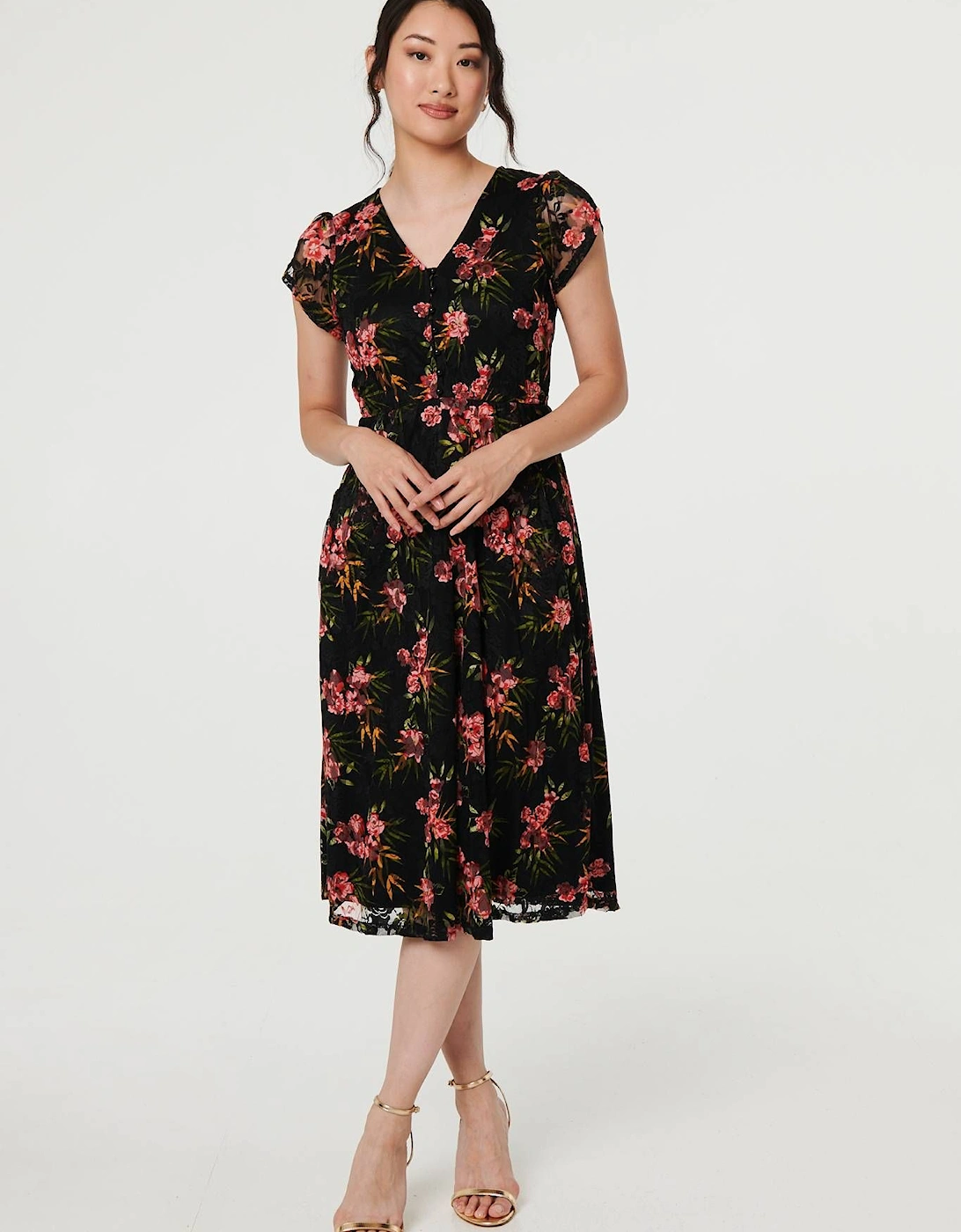Floral Cap Sleeve Shirred Midi Dress, 2 of 1
