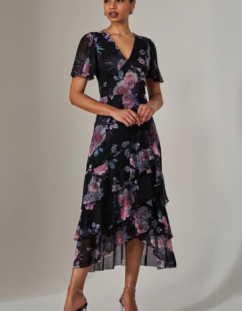 Mesh Print Frill Hem Midaxi Dress