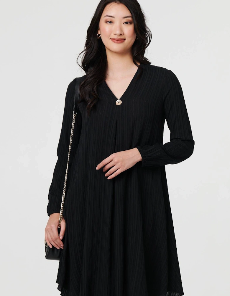 Pleated V-Neck Long Sleeve Swing Dress