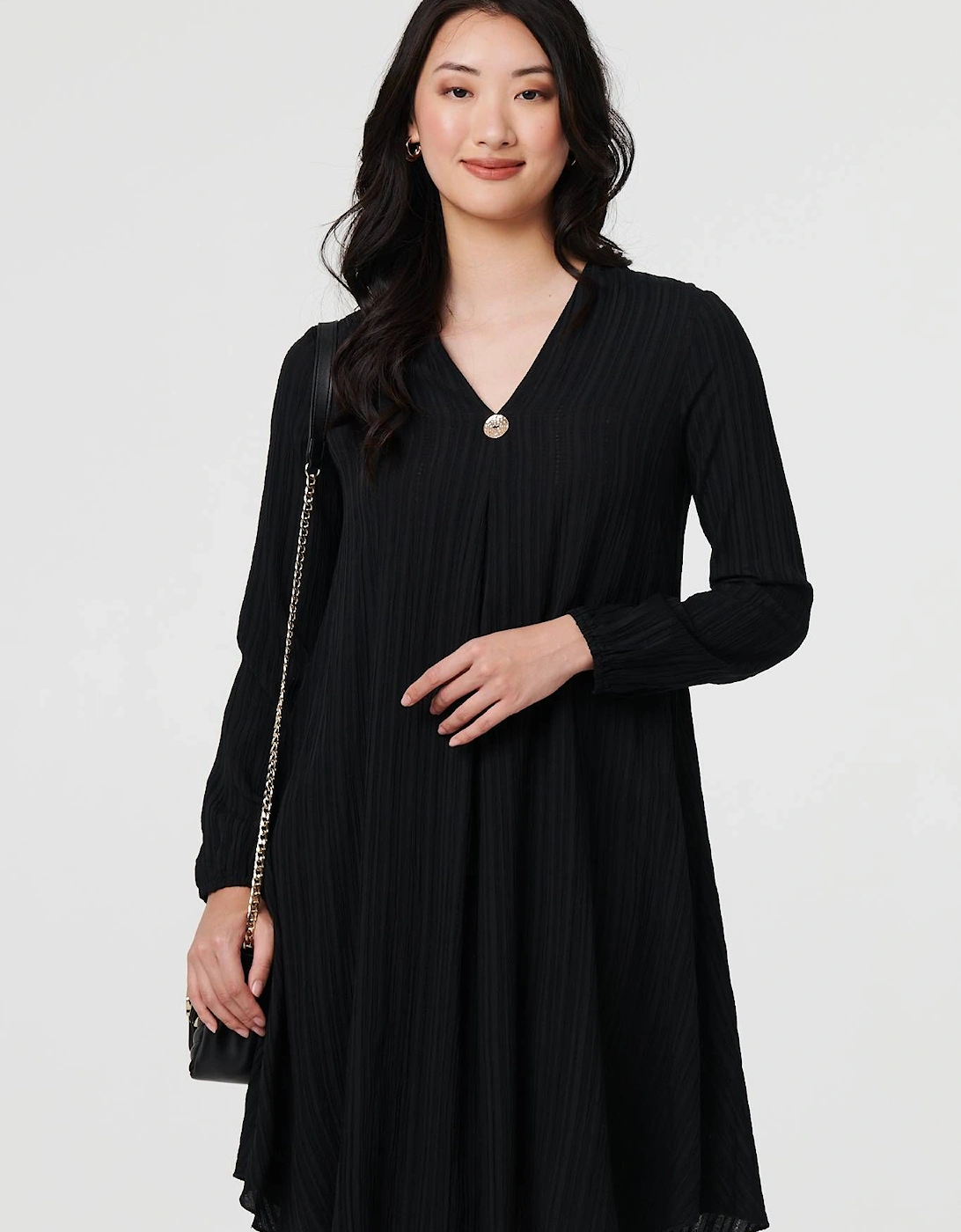 Pleated V-Neck Long Sleeve Swing Dress, 2 of 1