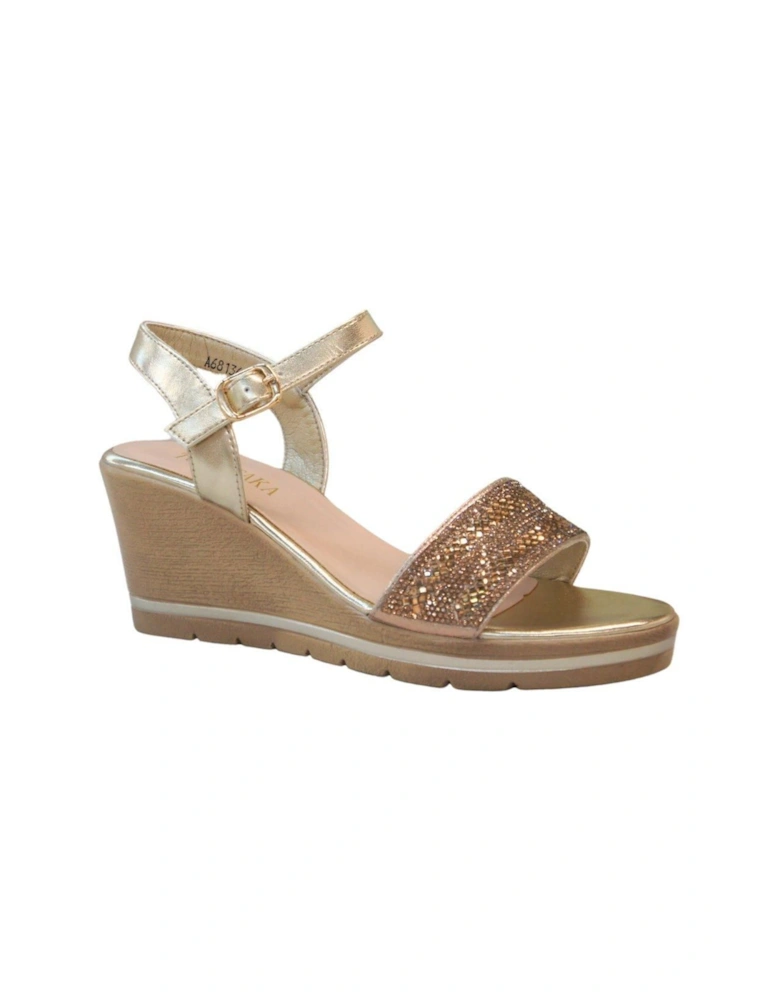 Shiny Sparkling Diamante with Buckle Closure Platform Wedge Sandals