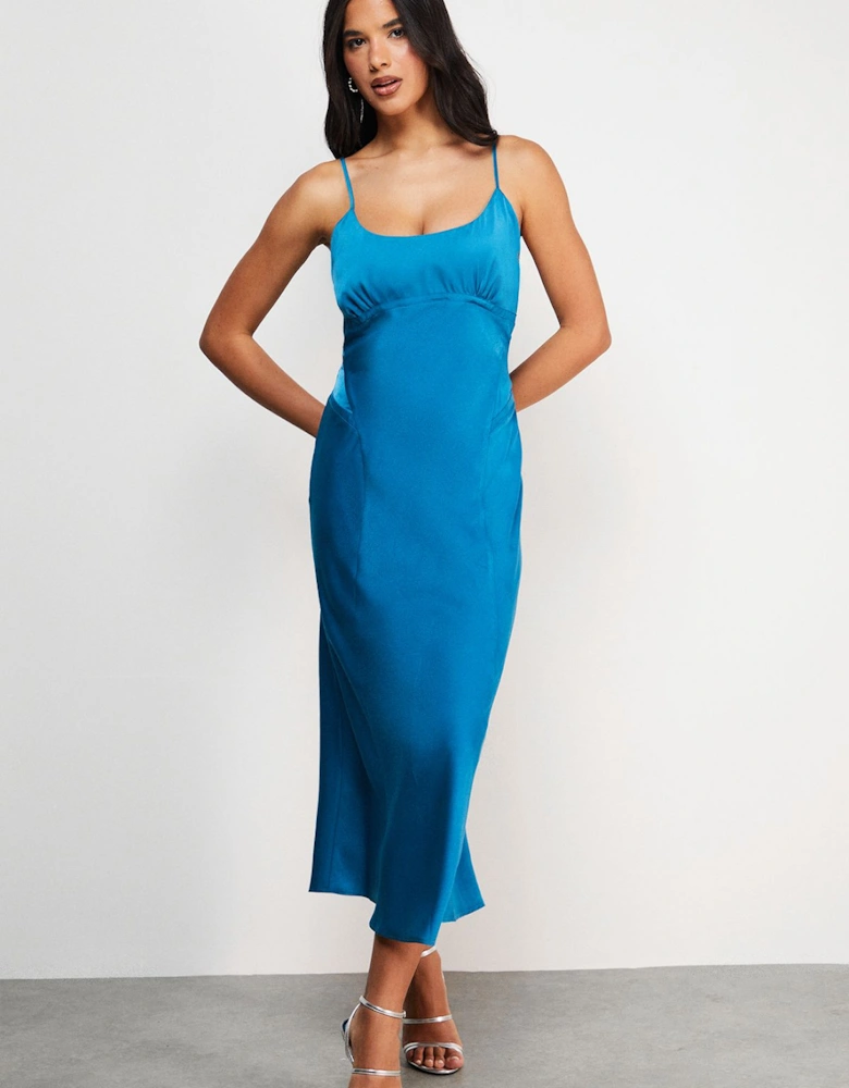 Satin Tie Bust Seam Strappy Midi Slip Dress