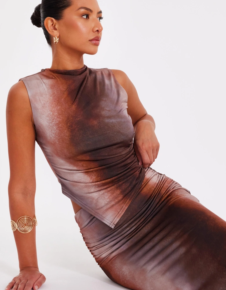 Brown Asymmetric Tie Dye Crop Top