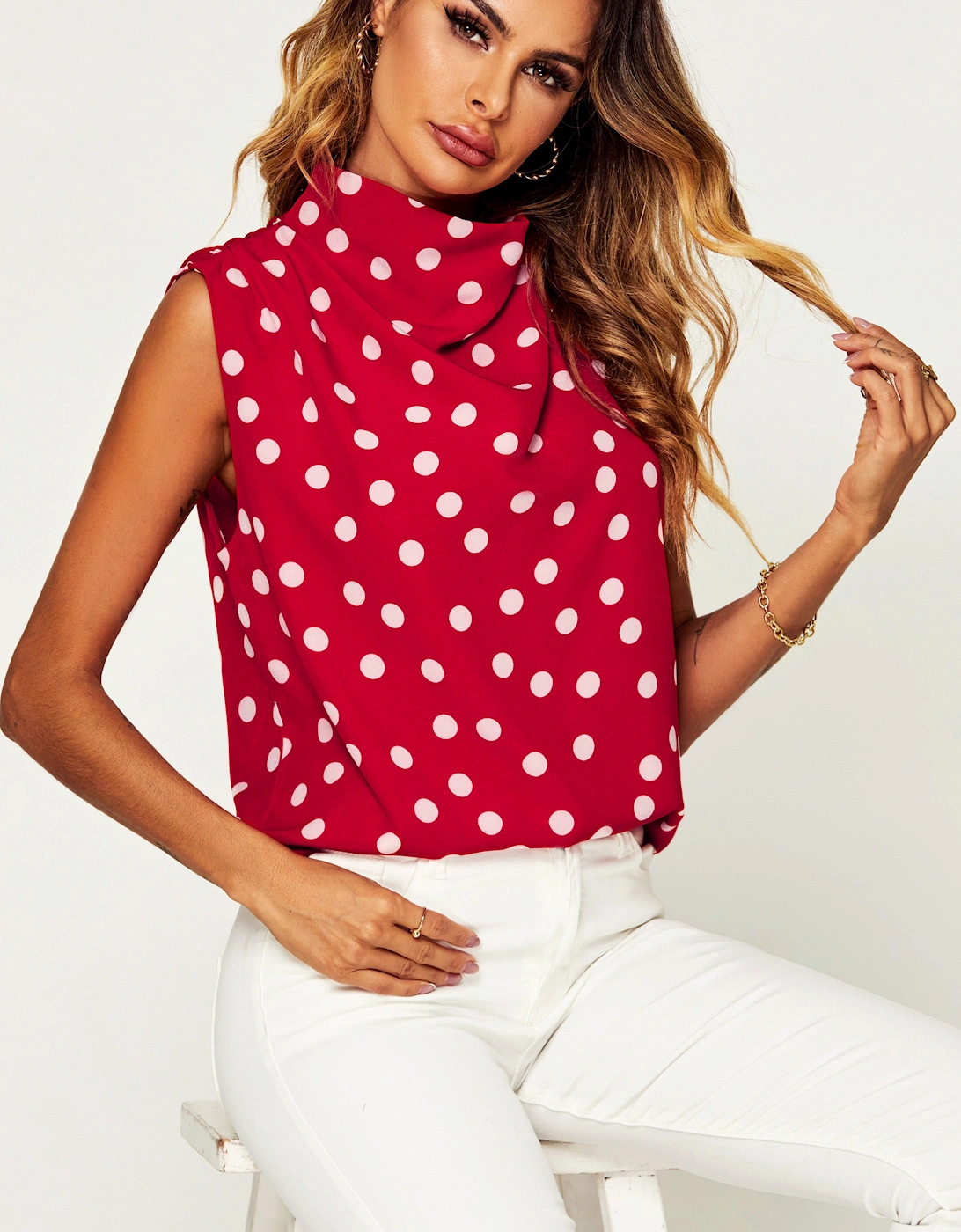 Polka Dot High Neck Sleeveless Blouse In Red, 2 of 1