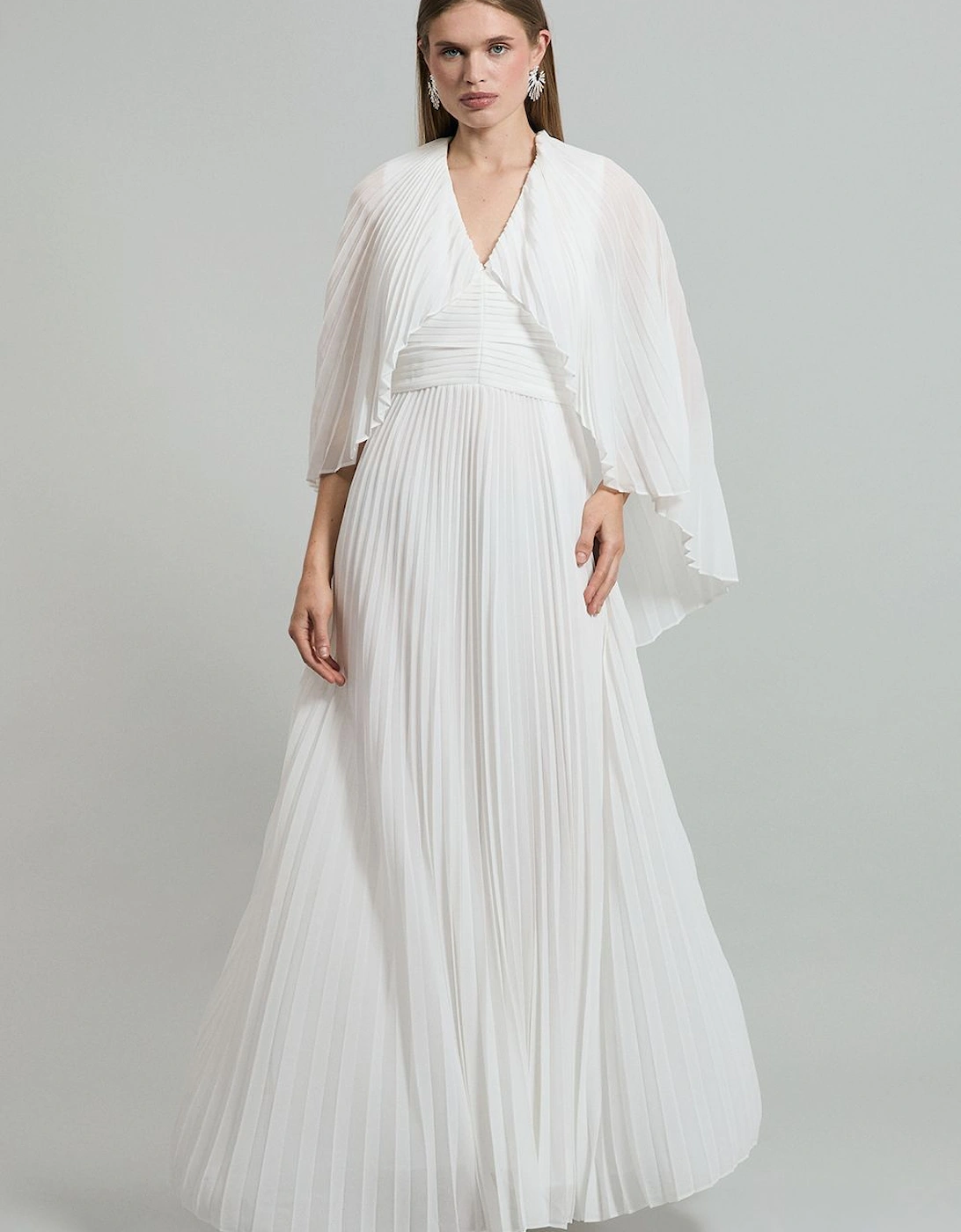 Pleated Cape Sleeve Plunge Neck Maxi Dress, 2 of 1
