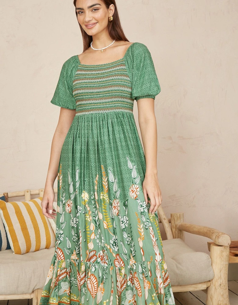 Green Ruched Leaf Print Maxi Dress With Puff Sleeves