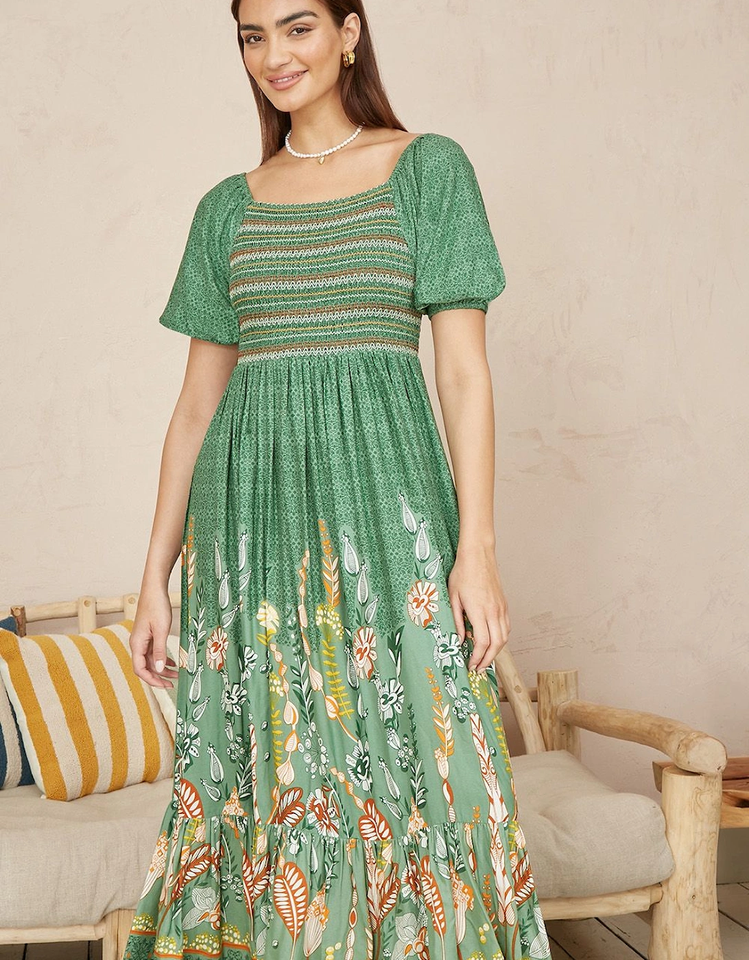 Green Ruched Leaf Print Maxi Dress With Puff Sleeves, 2 of 1