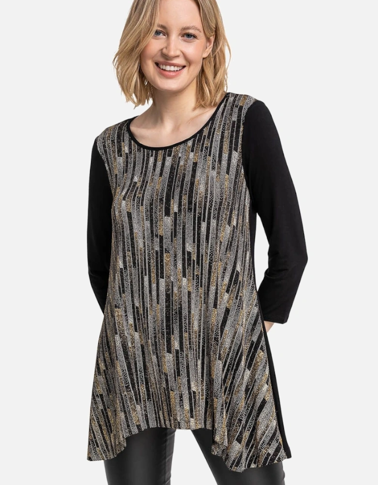 Glitter Stripe Print Hanky Hem Tunic Top