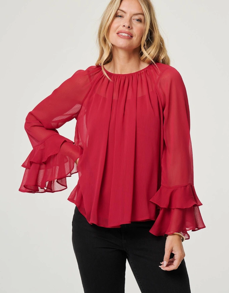 Semi Sheer Long Sleeve Ruffled Blouse