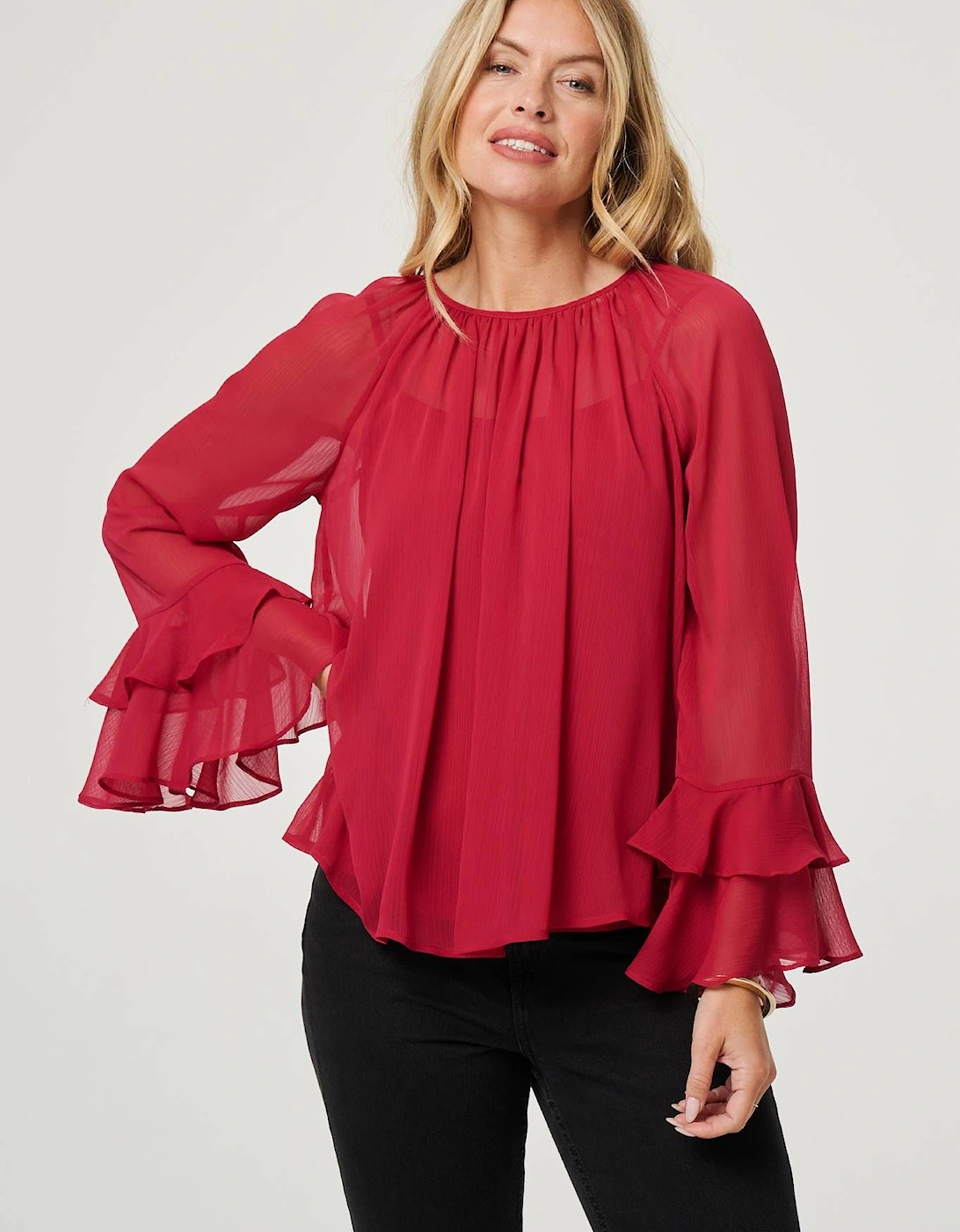 Semi Sheer Long Sleeve Ruffled Blouse, 2 of 1