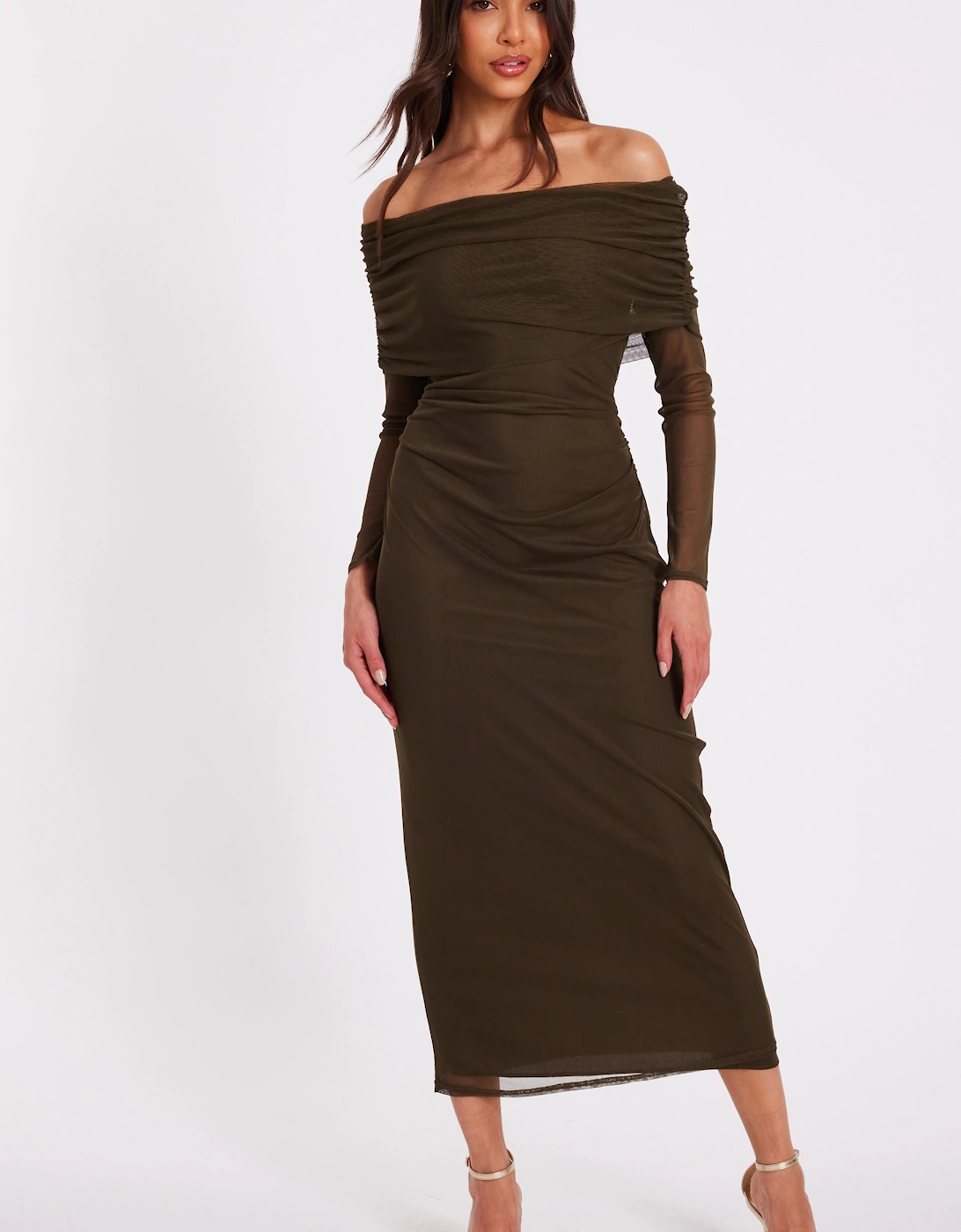 Khaki Mesh Bardot Ruched Midi Dress, 2 of 1