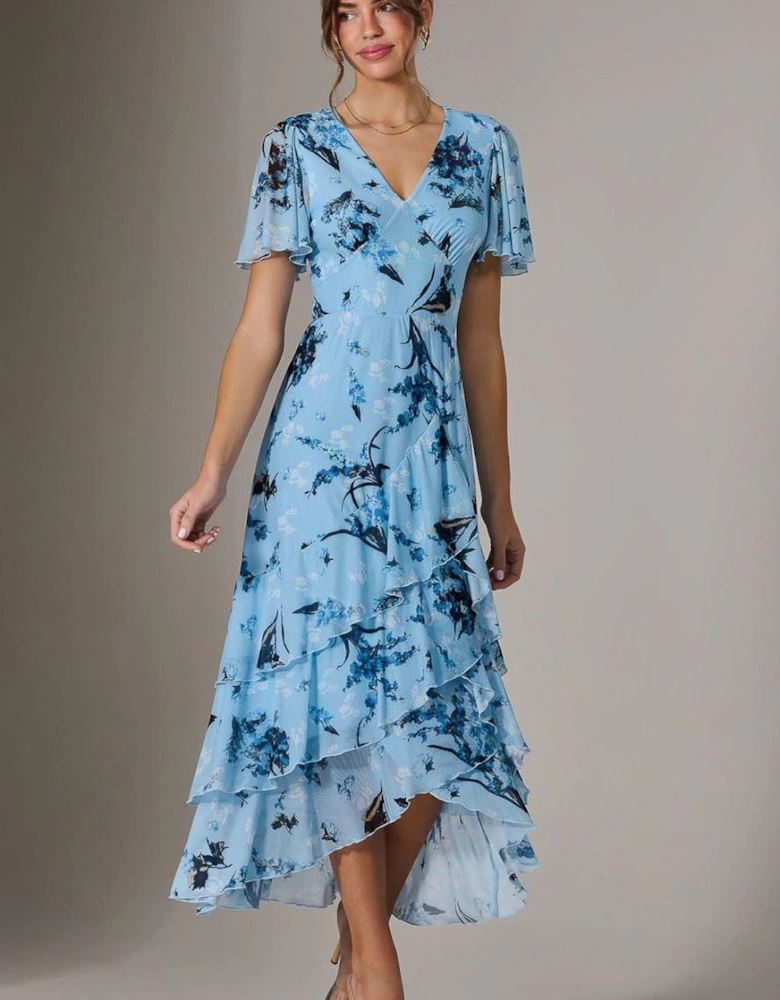 Mesh Print Frill Hem Midaxi Dress