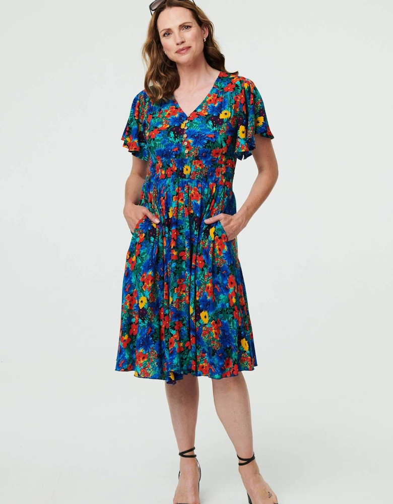 Floral Shirred Short Sleeve Midi Dress