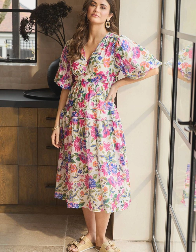 Floral 1/2 Puff Sleeve Midi Dress