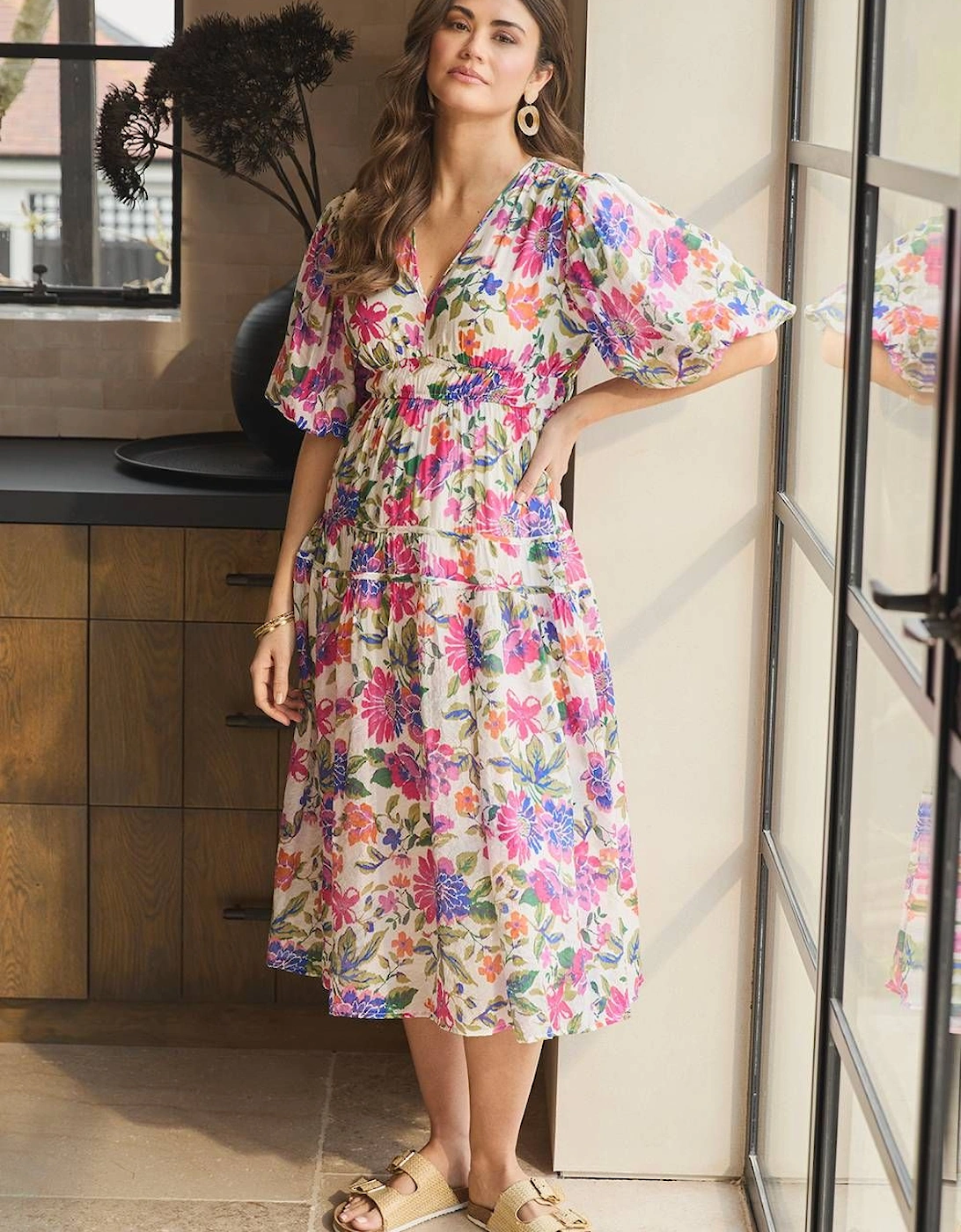 Floral 1/2 Puff Sleeve Midi Dress, 2 of 1